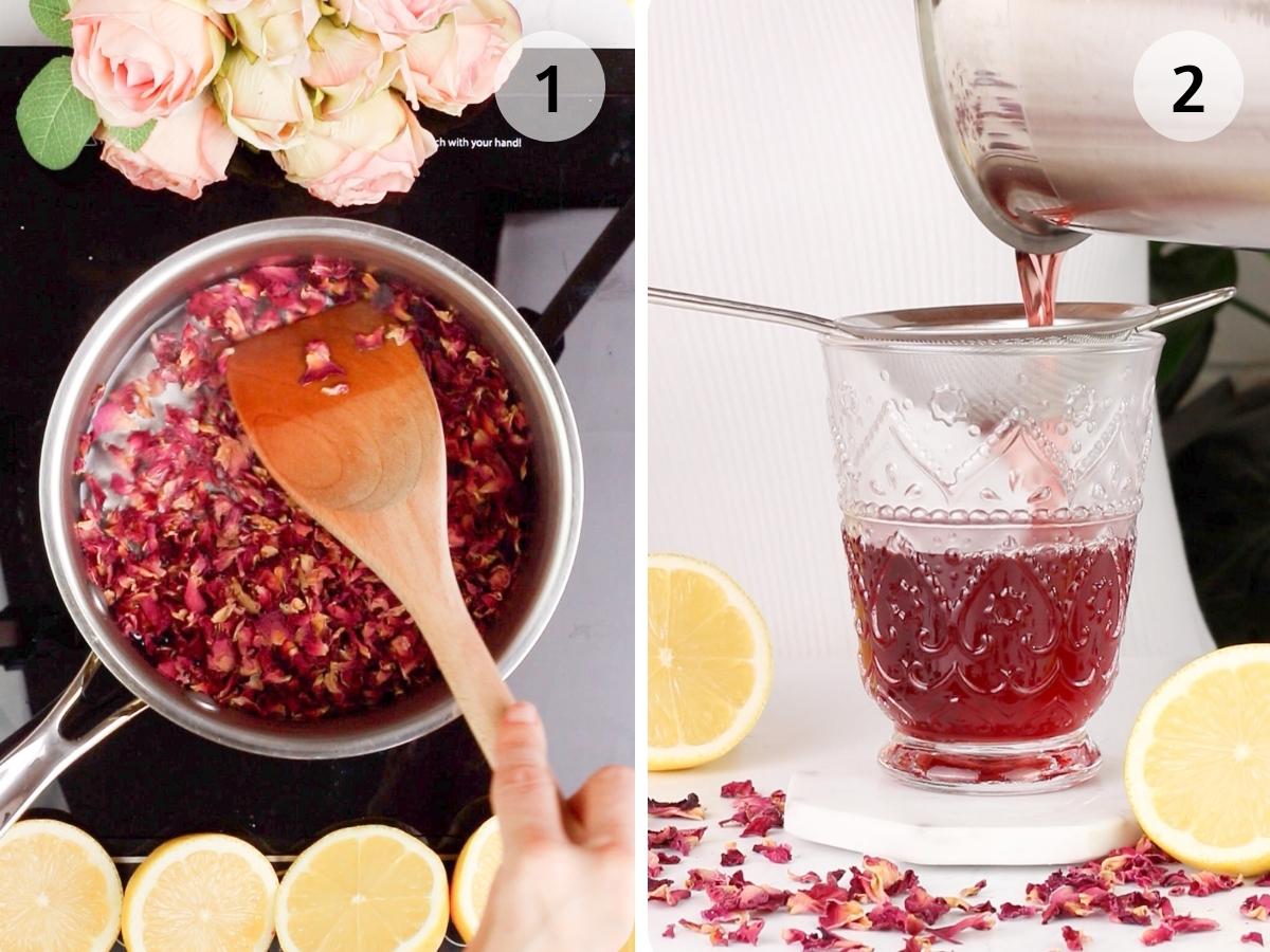 steps 1 and 2 to make rose lemonade