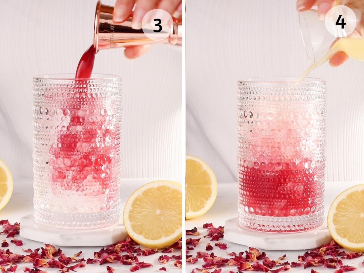 tall glasses filled with ice with rose syrup and lemon juice being poured in.