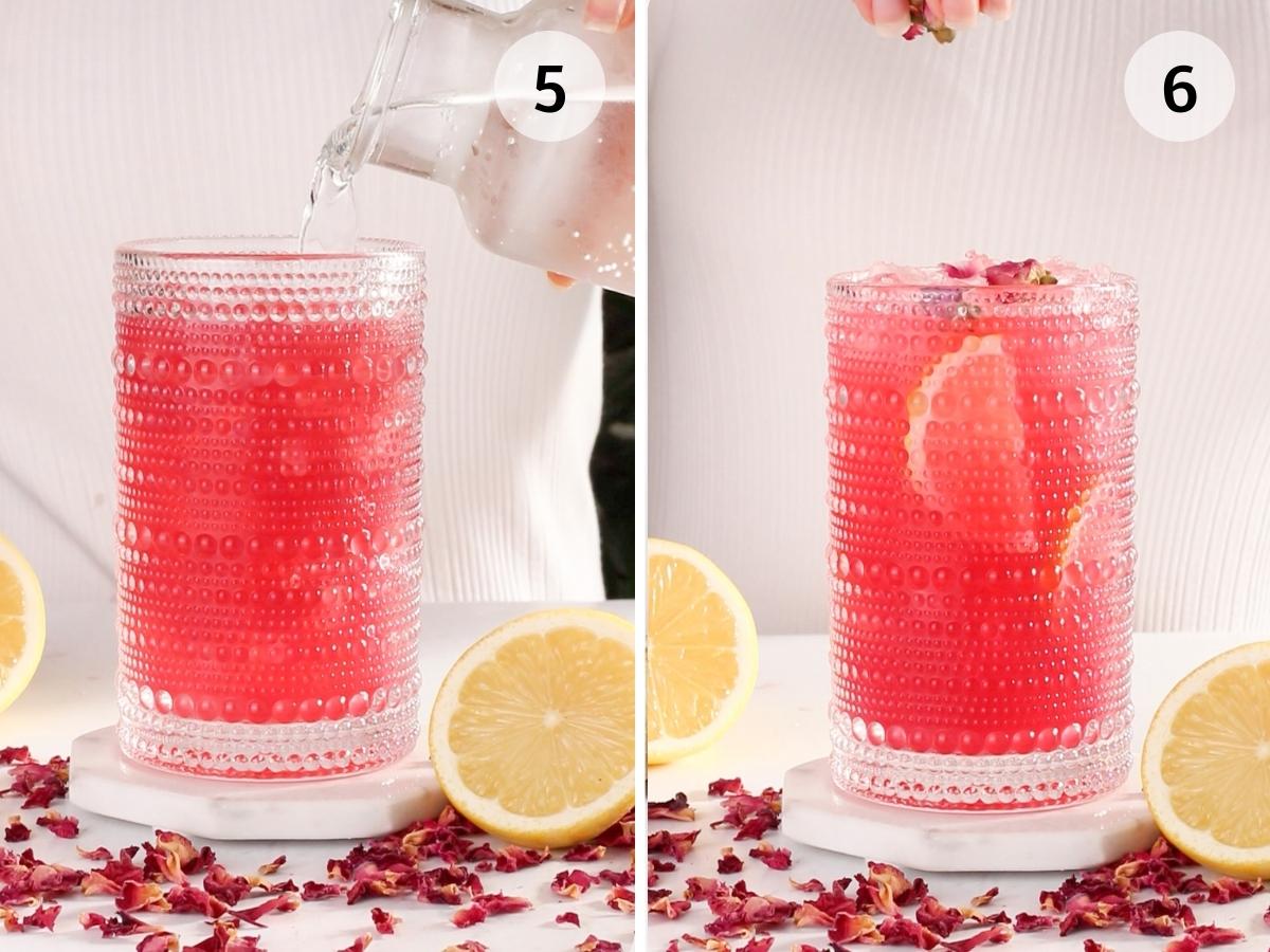 rose lemonade being topped with sparking water and garnished with lemon and dried roses.