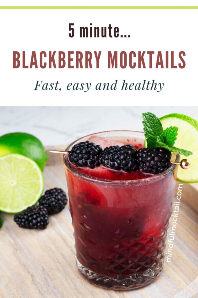 blackberry mocktails pinterest image with a single mocktail sitting on a marble tray with a lime wheel, sprig of mint and cocktail pick with 3 berries