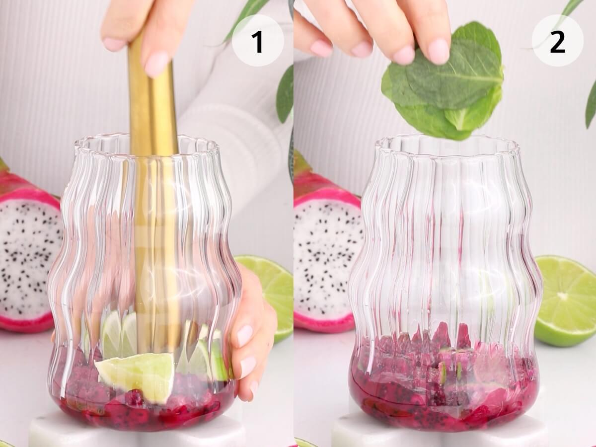 Side-by-side images showing a person mashing lime and red dragon fruit in a wavy glass (left), then adding fresh mint leaves for a refreshing dragonfruit mocktail (right); sliced dragon fruit and lime are seen in the background.