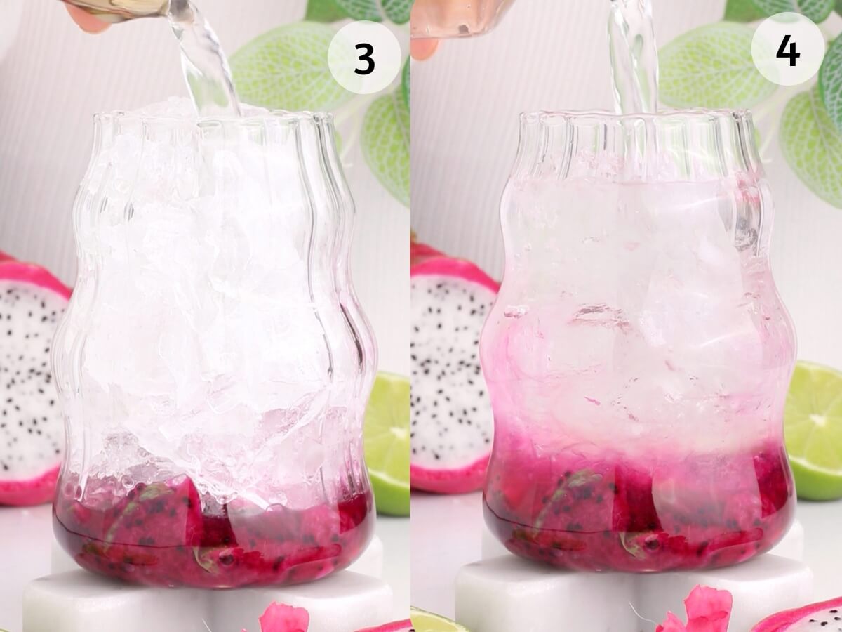 Two images show a curvy glass with ice, dragon fruit, and pink liquid being filled to make a vibrant dragonfruit mocktail. Sliced dragon fruit and limes are in the background. Each image is labeled with 3 and 4 in the top right corner.