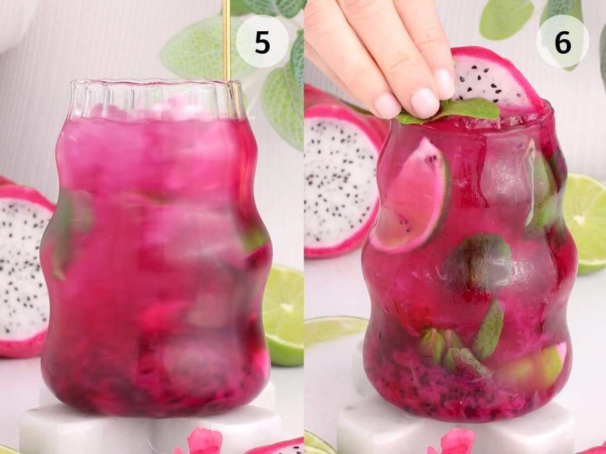 Two curvy glasses filled with a vibrant pink dragonfruit mocktail, ice cubes, lime slices, and mint leaves. One image shows a straw, the other shows a hand holding the glass. Fresh dragon fruit and lime are in the background.