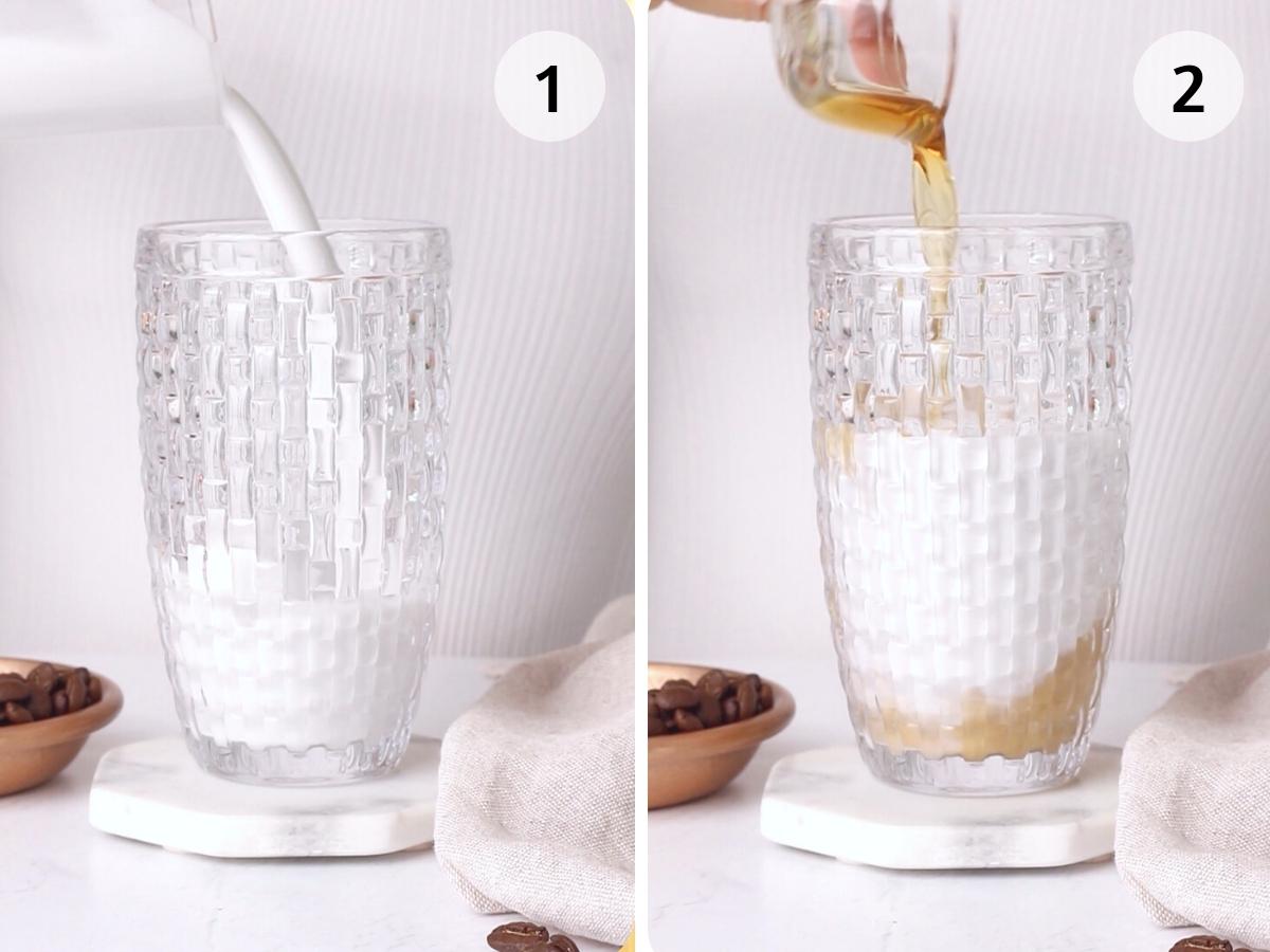 a split image one showing coconut cream being placed in a shaker and the other maple syrup