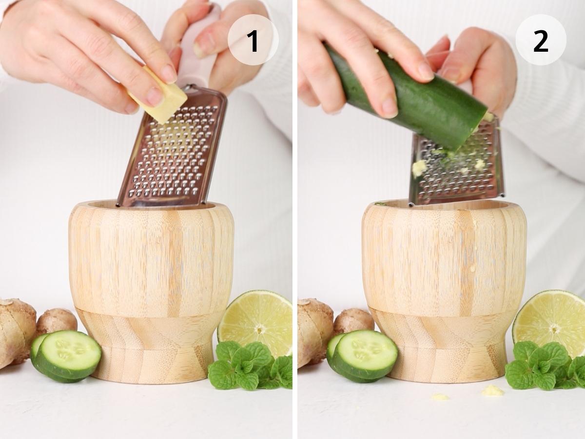 process shots for ginger mocktail including grating ginger and cucumber