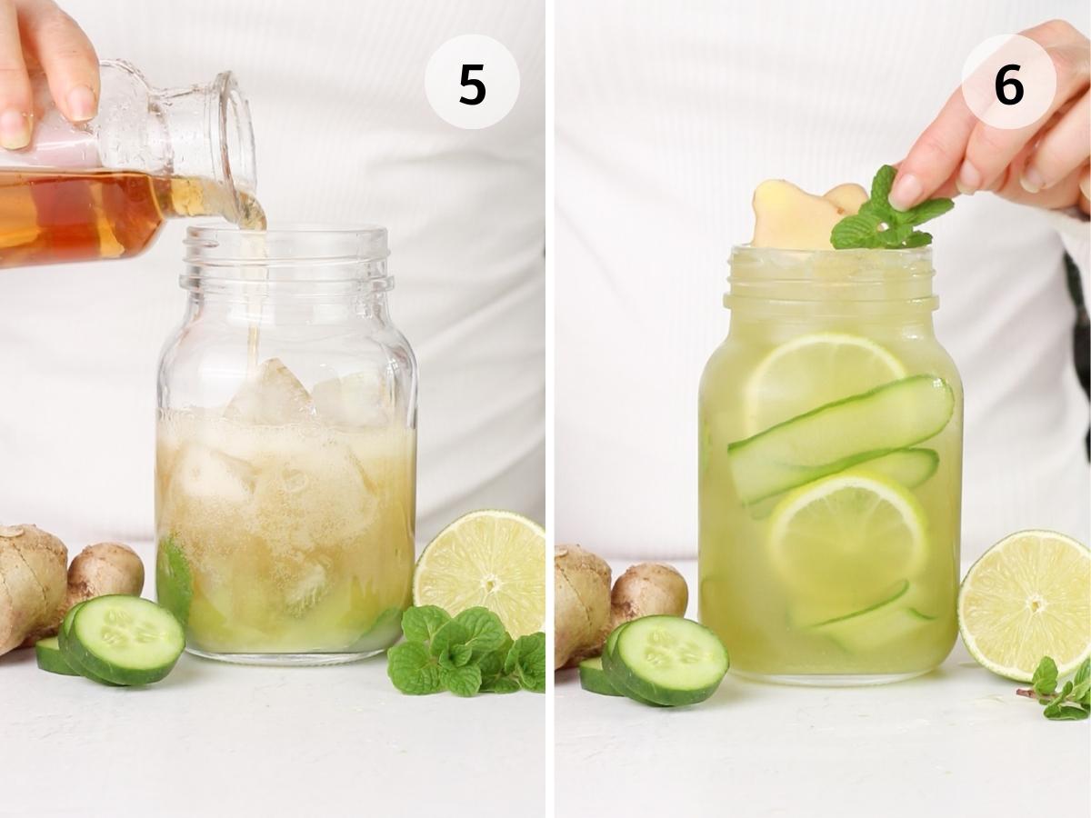 step 5 and 6 including adding ginger ale and soda water, then garnishing with ginger, lime, mint and cucumber.