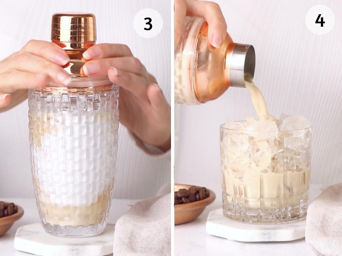 one image showing all ingredients in a mocktail shaker with a rose gold lid and the other the non-alcoholic baileys mixture being poured into a short glass filled with ice.