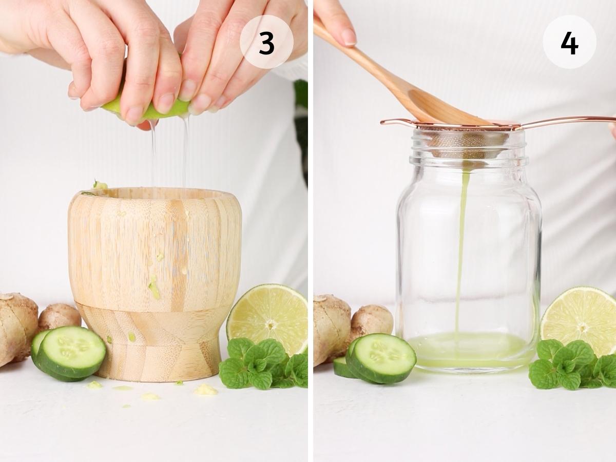 Pasos 3 y 4 de la receta, exprimir lima en el bol y colar el líquido en el vaso