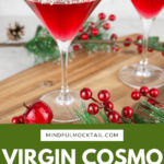 2 red non alchoholic Christmas mocktails in martini glasses with a lime and sugar rim