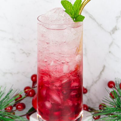 tall glass with cranberry juice and sparkling water garnished with a mint leaf