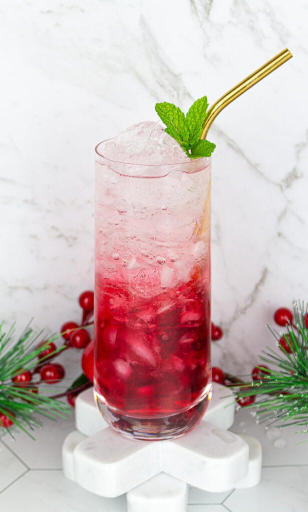 tall glass with cranberry juice and sparkling water garnished with a mint leaf