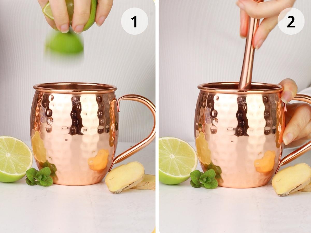 step 1 and 2 of recipe placing lime in copper mug and muddling with rose gold muddler.