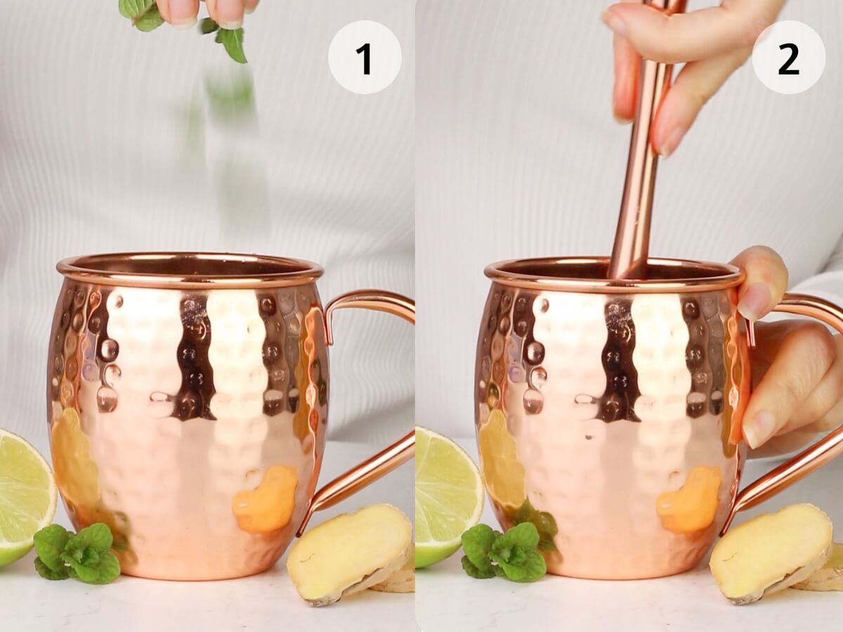 Side-by-side images of a copper mug with lime, mint, and ginger. In image 1, mint leaves are dropped in for a non alcoholic mule mocktail; in image 2, a hand uses a muddler to release fresh flavors.