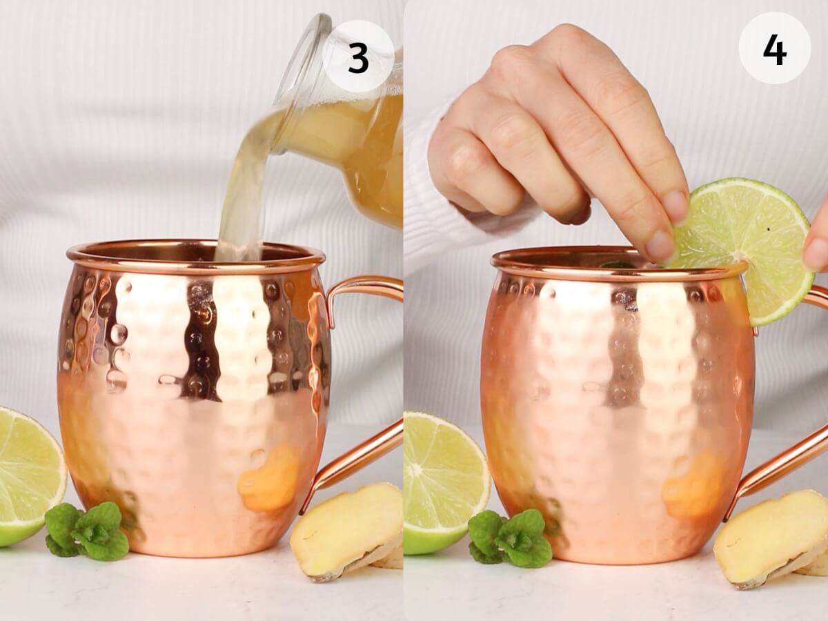 Two side-by-side images show a copper mug. On the left, a Moscow mule mocktail is being poured in. On the right, a hand adds a lime wheel to the rim. Mint, ginger, and lime are on the counter in front.
