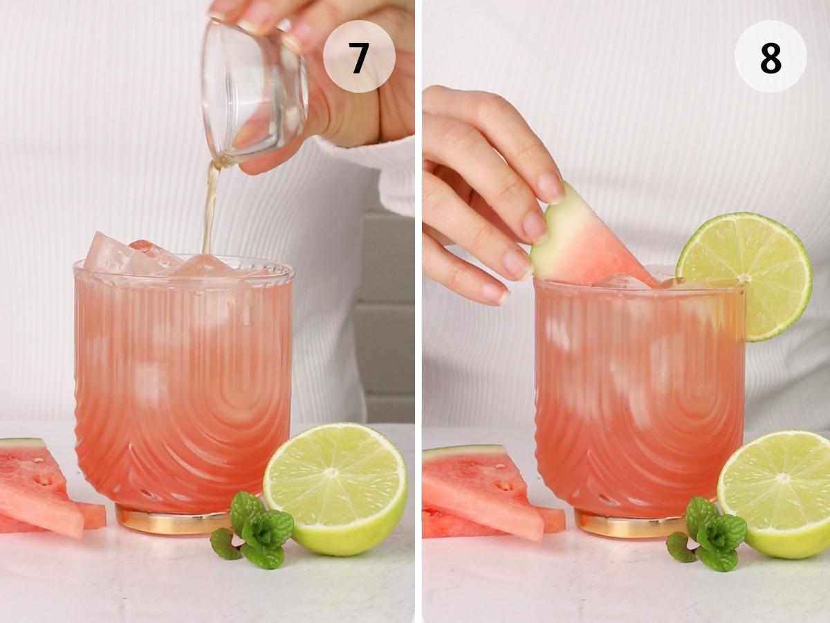 watermelon mocktail in a clear rippled glass with a gold base with a teaspoon of apple cider vinegar being added, then being garnished with a slice of lime and watermelon wedge.