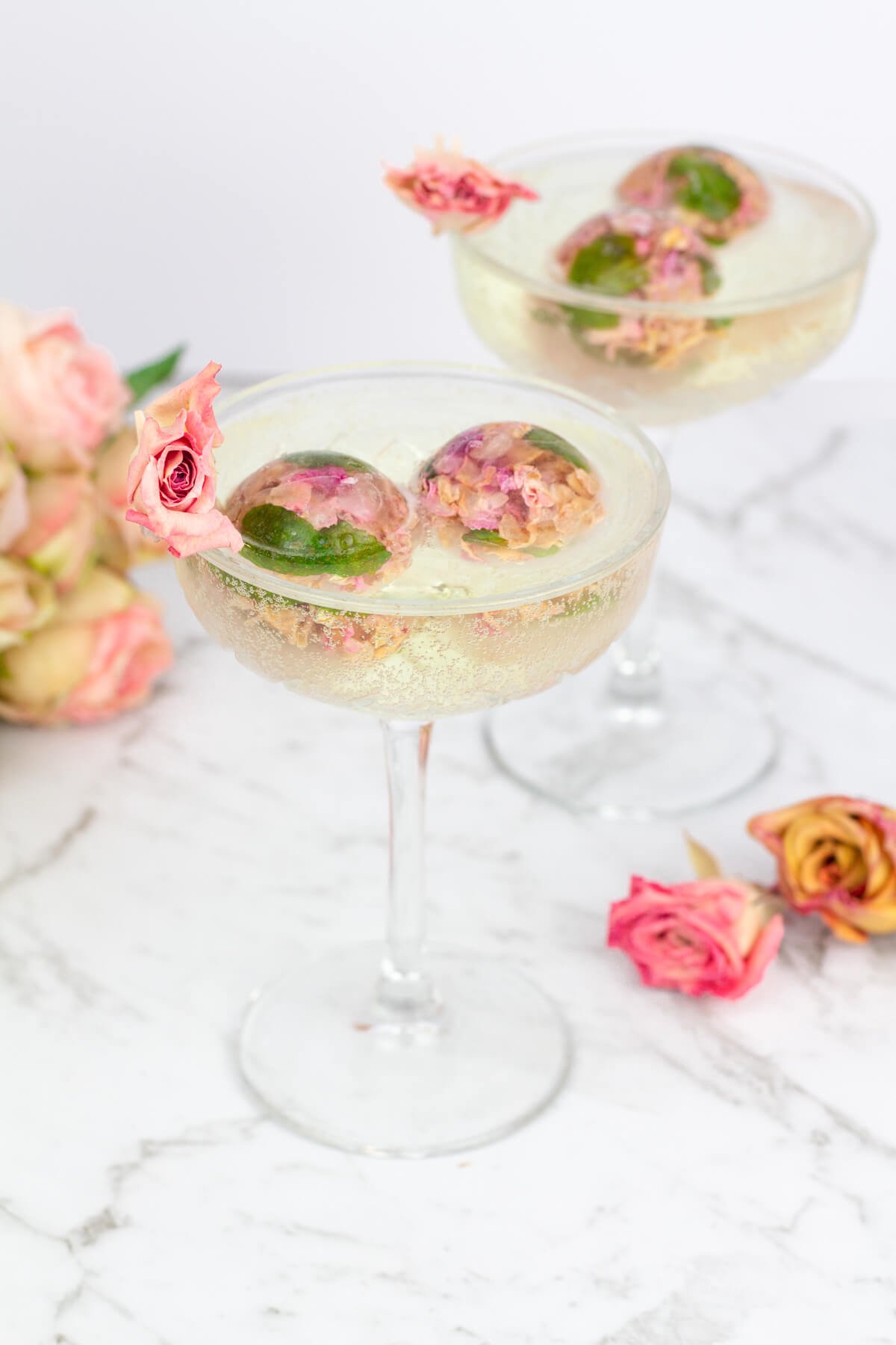 champagne coupe glass with round frozen spheres with rose petals and mint inside garnished with a dried rose.