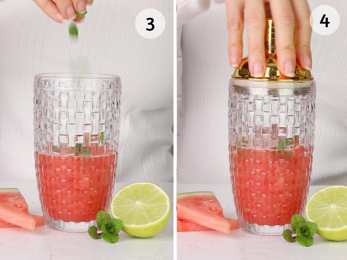 step 3 placing mint inside a glass cocktail shaker, step 4 placing the lid on the shaker and shaking well.