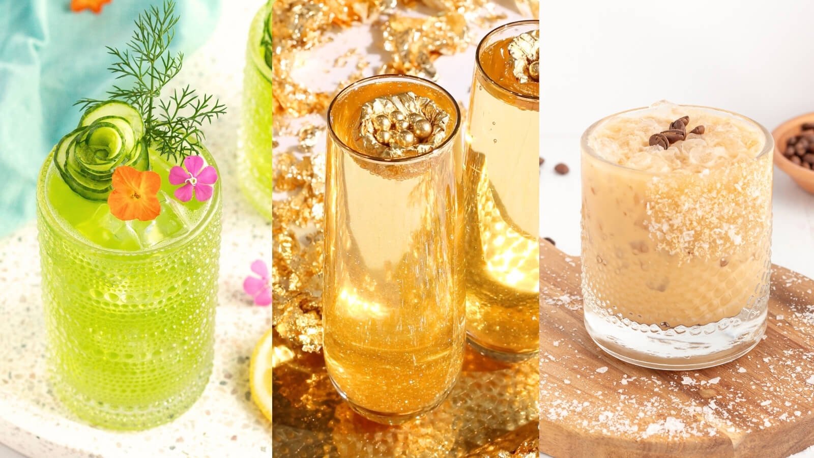 Three St Patrick's Day mocktails side by side, one green with a flower garnish, the second a gold mocktail in a tall glass and the third a creamy looking dessert style drink garnished with coffee beans.