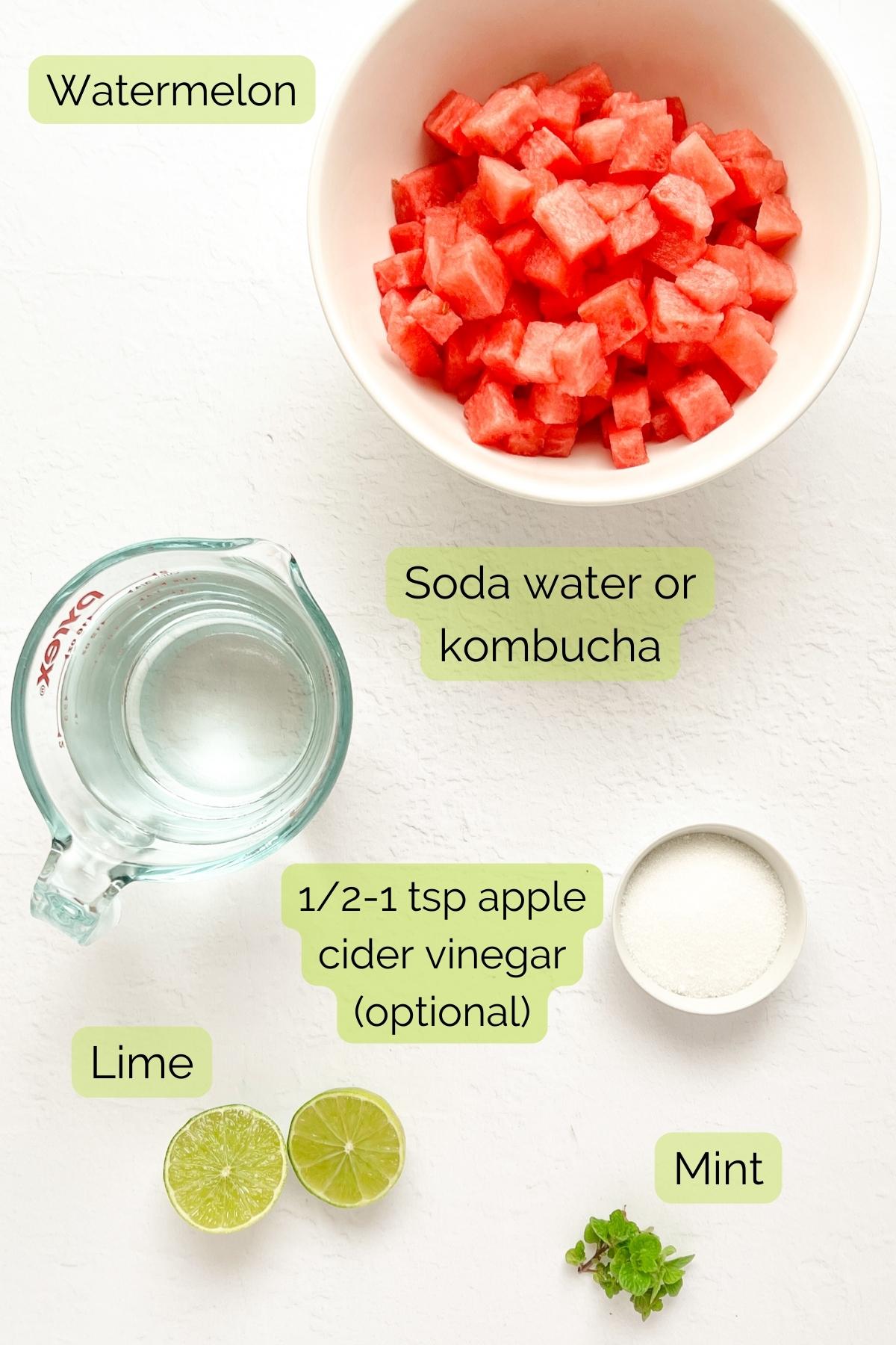 Labelled ingredients for watermelon mocktails including watermelon, soda water, apple cider vinegar, lime and mint.