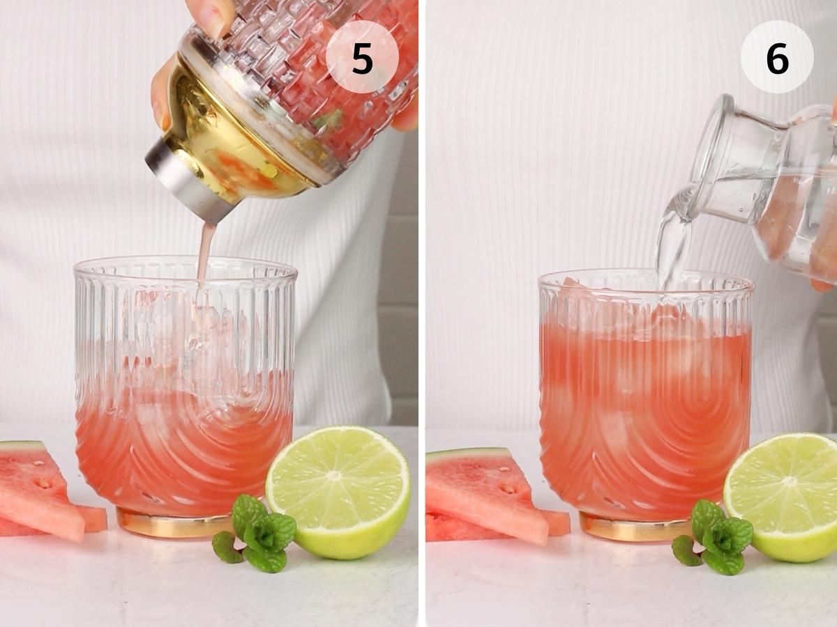 pouring the watermelon mixture from the shaker into a short glass with a gold rim, then topping with soda water