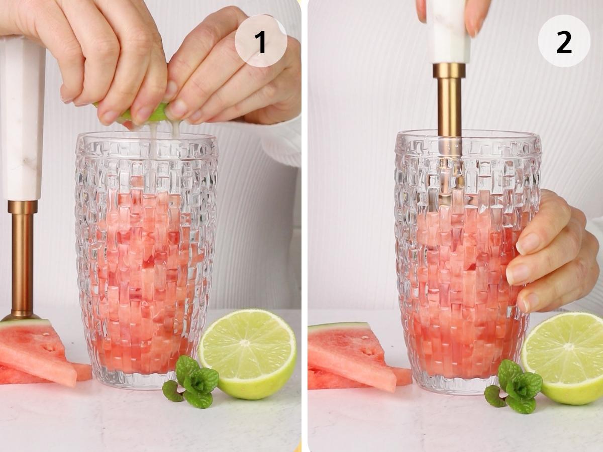 step 1 and 2 place watermelon and lime into a shaker and muddle to extract the juice.