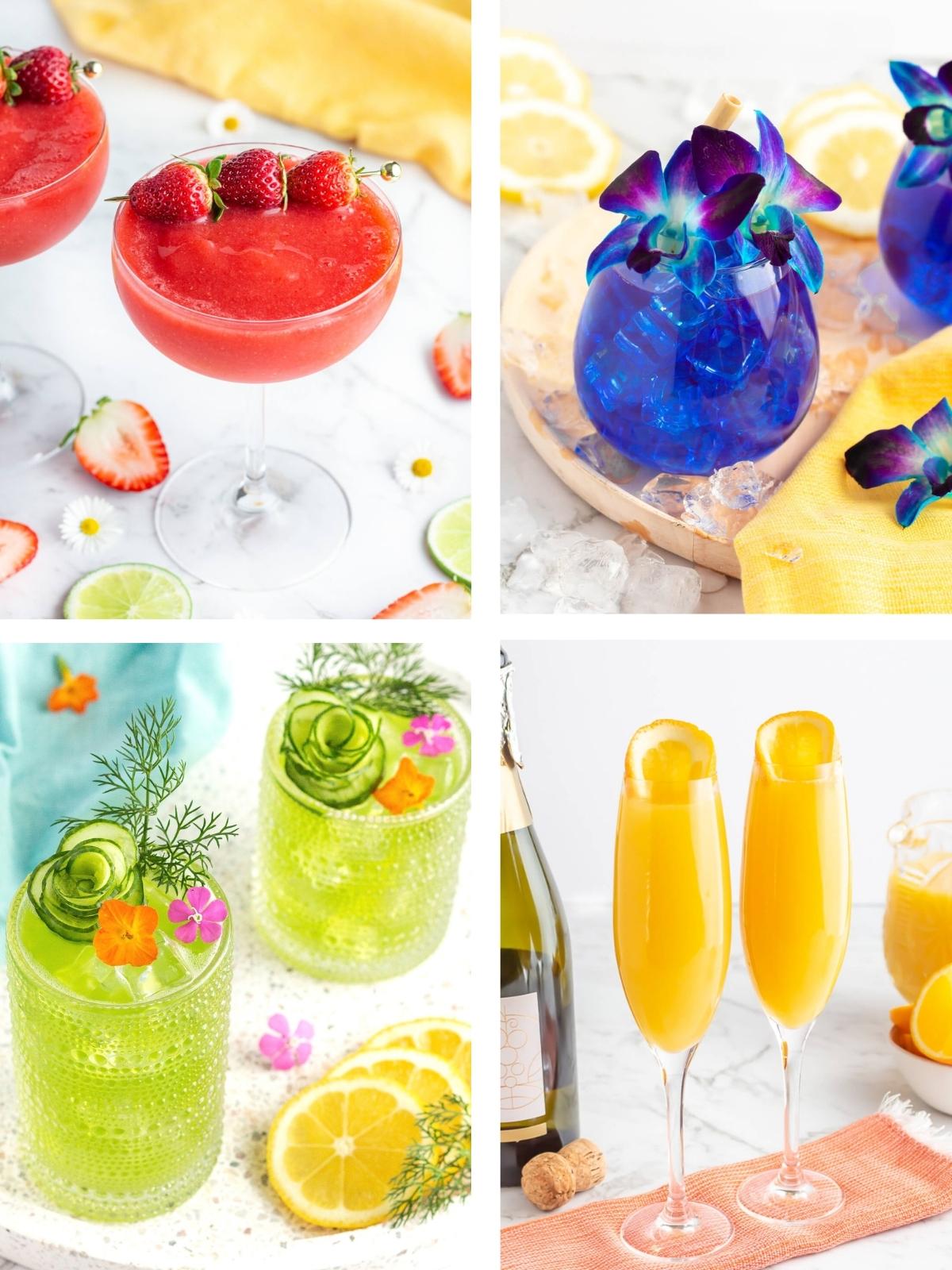 a collage of four images of the best mocktail recipes including a a red, blue, green and yellow drink.