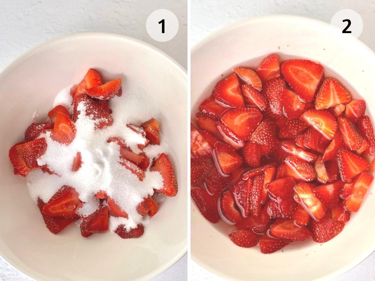 photo 1 is the strawberries, sweetener and water in a bowl, shot 2 shows them after seeping in the fridge for a few hours