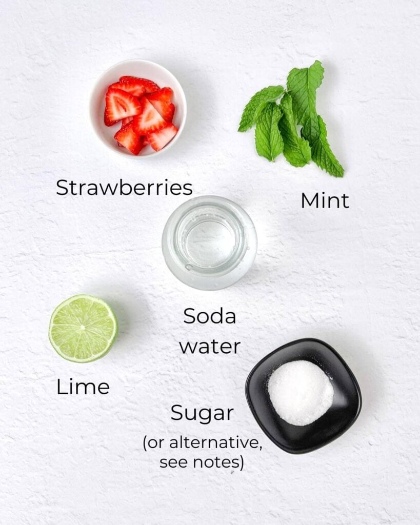 labelled ingredients list for virgin strawberry mojitos including strawberries, mint, soda, lime and sugar