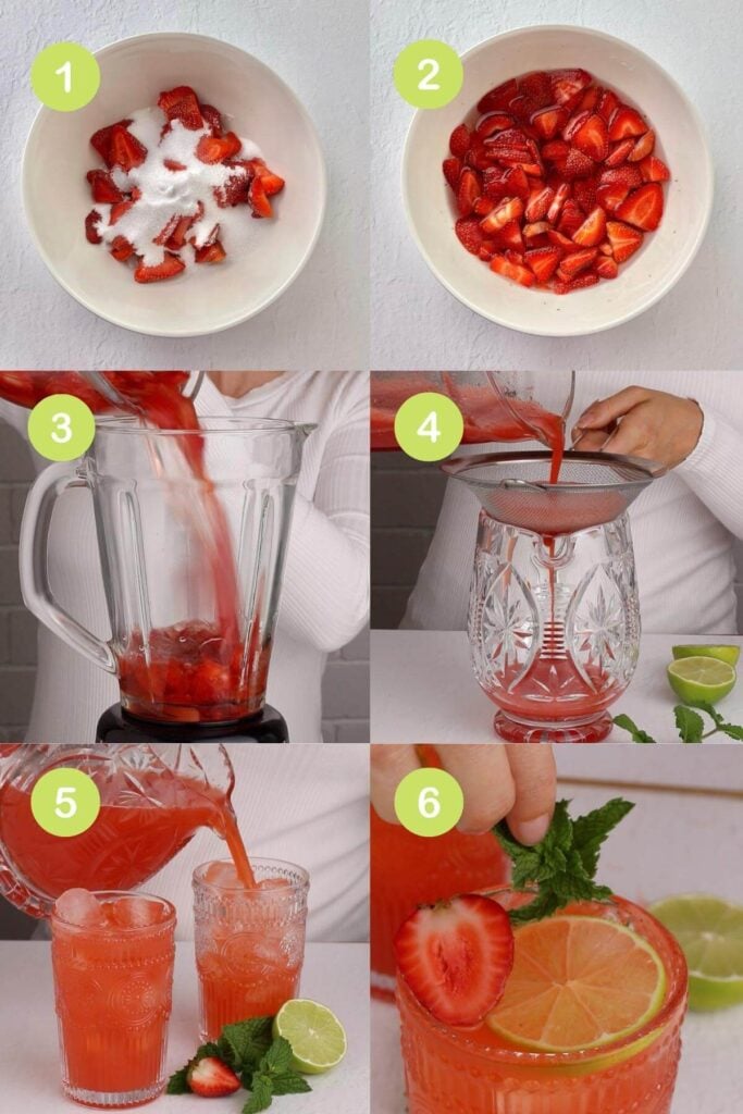 steps 1 to 6 of how to make strawberry fresca