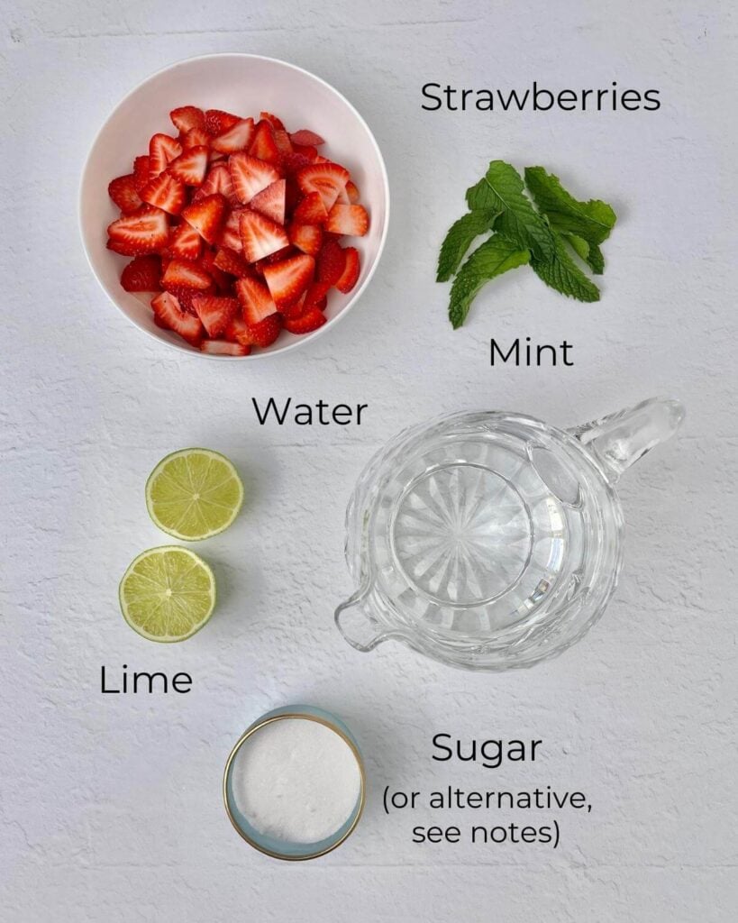 written list with pictures of ingredients for strawberry fresca including strawberries water mint lime and sugar.