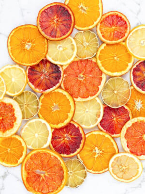 dried orange, blood orange, lime, grapefruit and lemon slices scattered on a grey background
