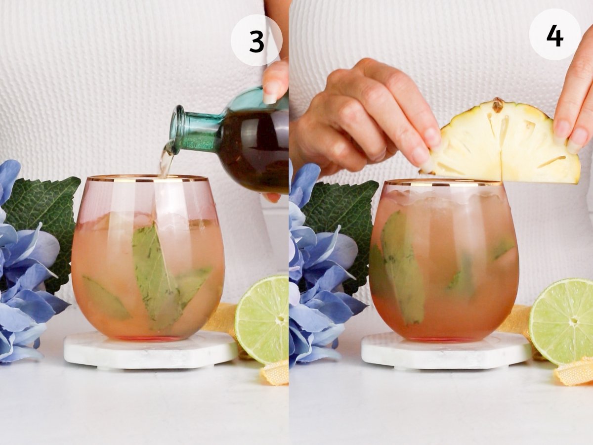 Side-by-side images: left shows mocktail poured over ice, mint, and a pink drink, surrounded by blue flowers and lime; right shows a hand adding a pineapple slice garnish to the same glass.
