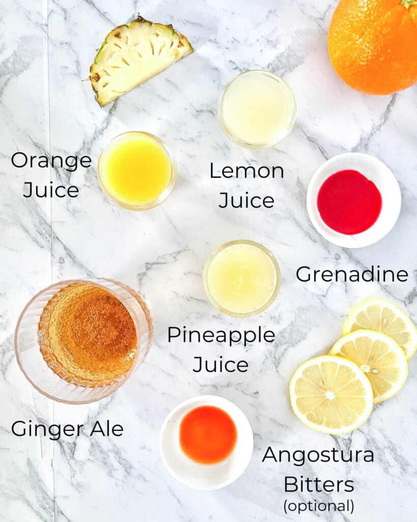 ingredients for cinderella mocktail including lemon, orange and pineapple juice, ginger ale and grenadine