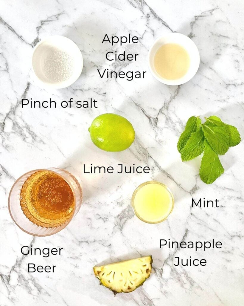 ingredients list for this ginger beer mocktail with an image of each ingredient