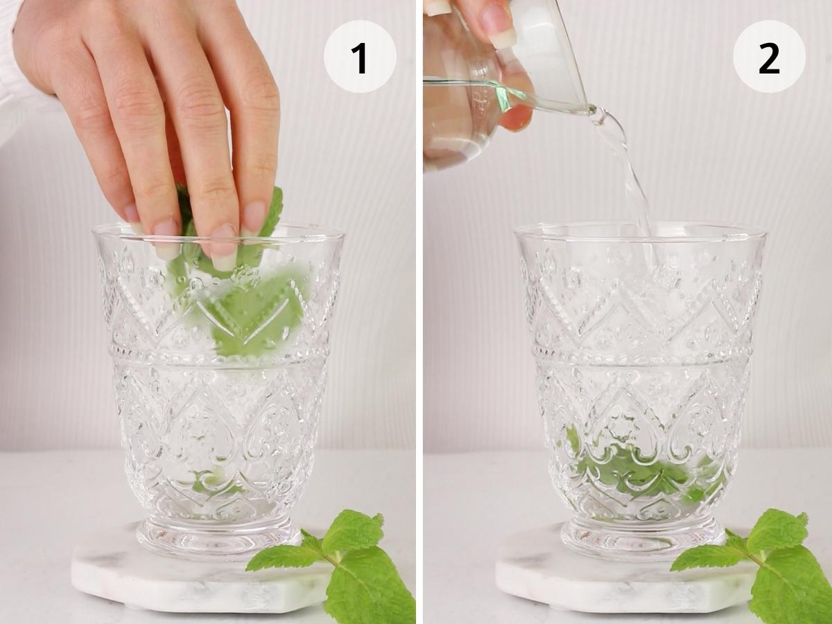 steps one and two, place mint and sugar in mint julep glass.