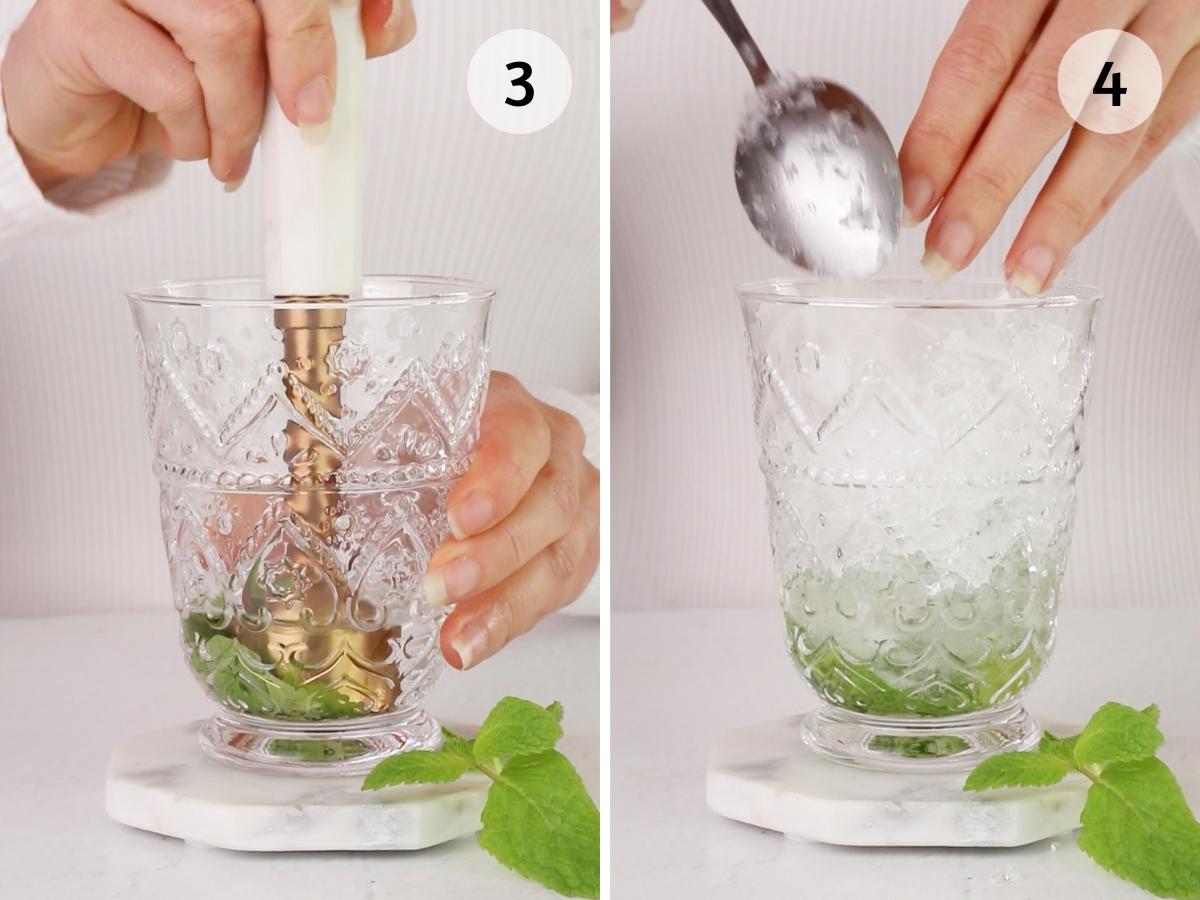 steps 3 and 4, showing a clear glass on a white coaster. Step 1 is muddle and step 2 add crushed ice.