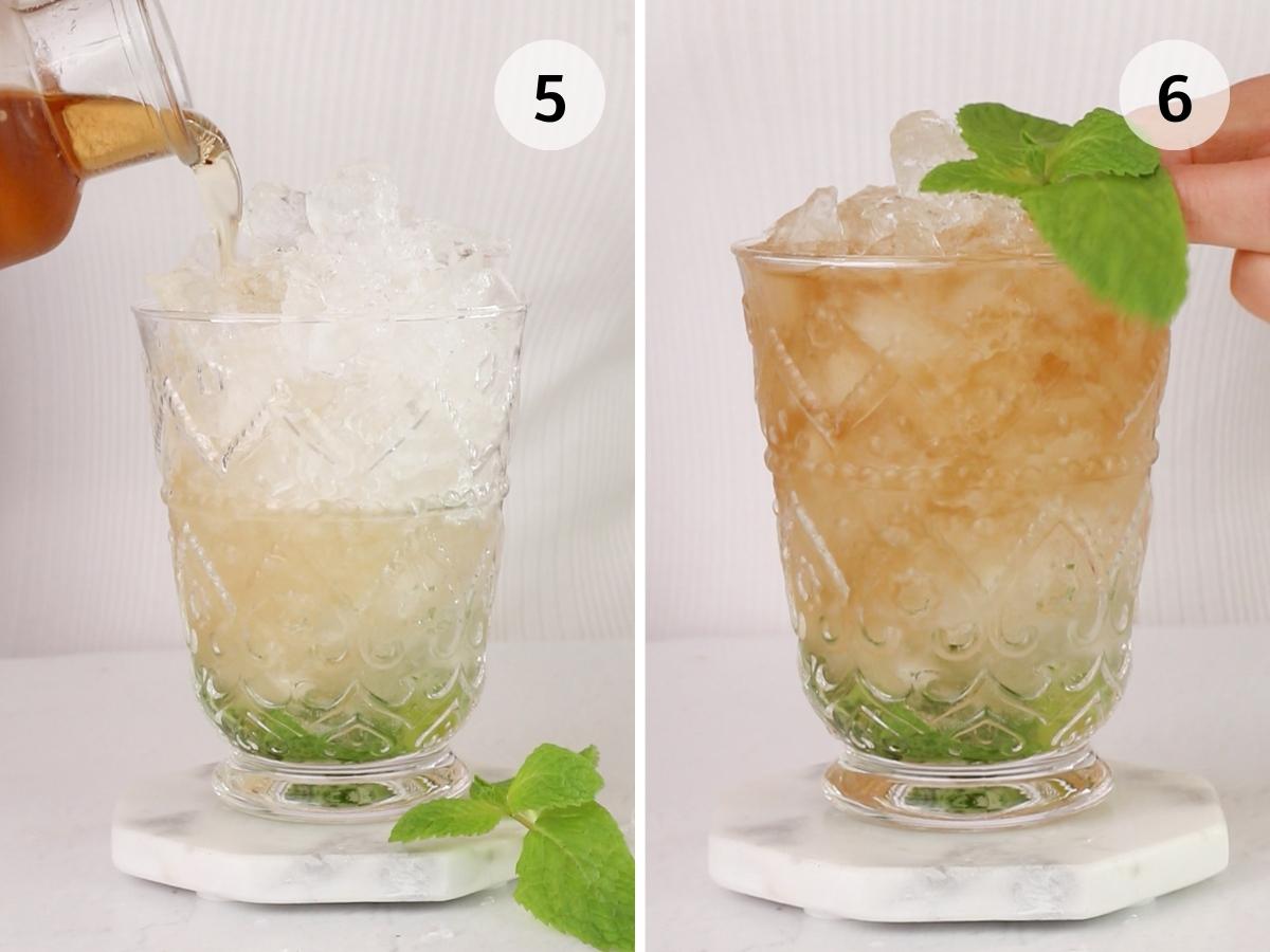 steps 5 and 5 to make a virgin mint julep. step filling glass is being filled with ginger ale. step 6 drink is garnished with mint.