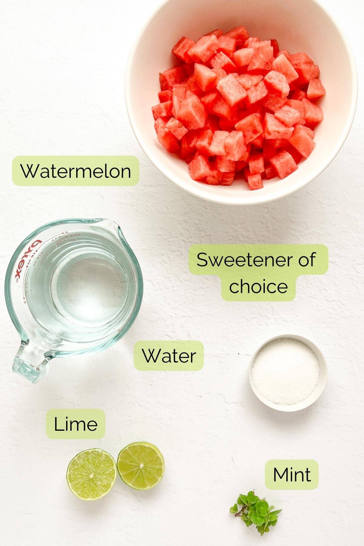 birdseye view of ingredients for fresca including watermelon, water, sweetener, lime and mint.