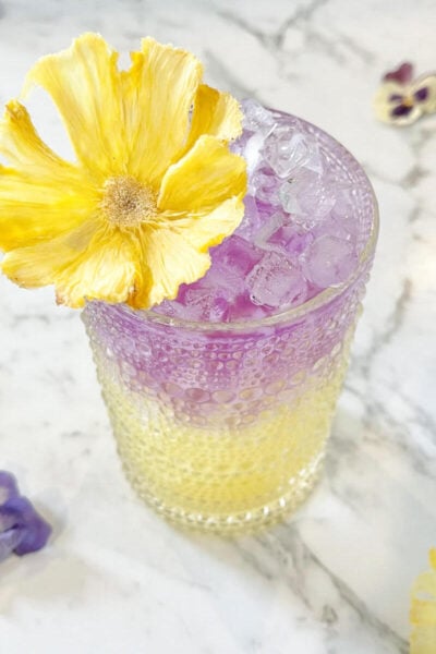 purple and yellow drink in a tall glass with a dehydrated flower on top