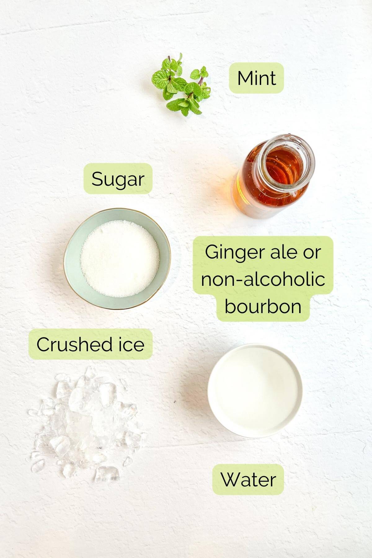 ingredients for a non alcoholic mint julep including fresh mint, sugar, ginger ale, sugar and crushed ice