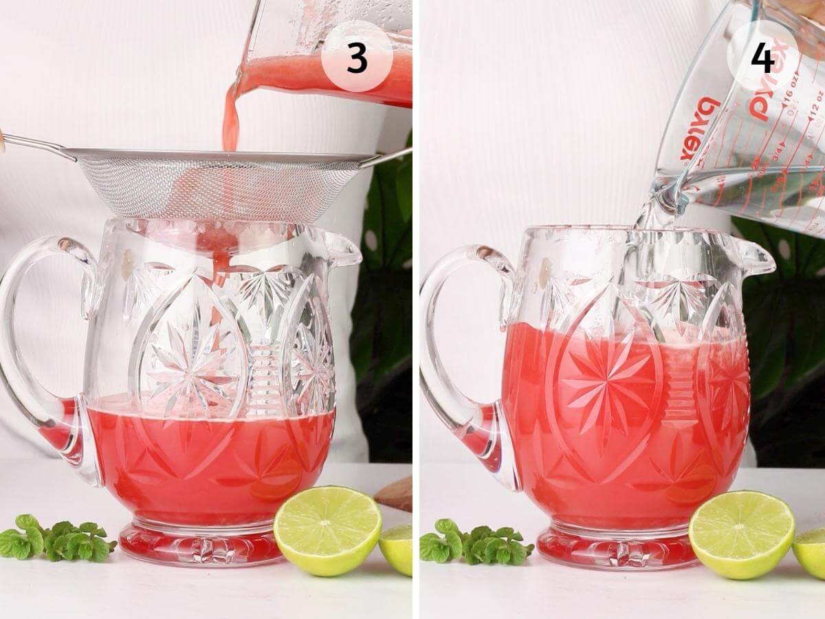 process steps 3 and 4, strain liquid into a pitcher and add water.