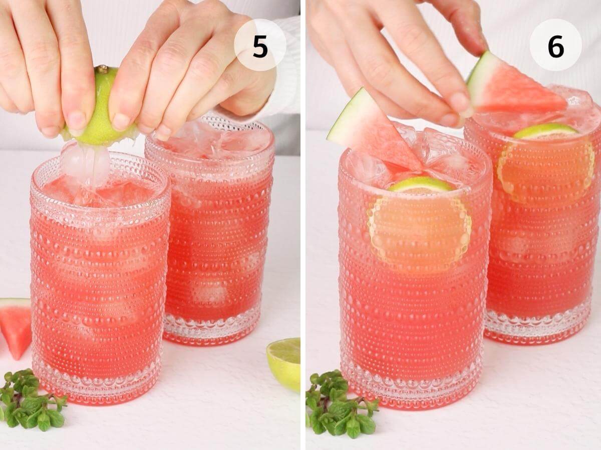 process shots 5 and 6, serve and squeeze lime into each glass then garnish with lime and watermelon wedge.