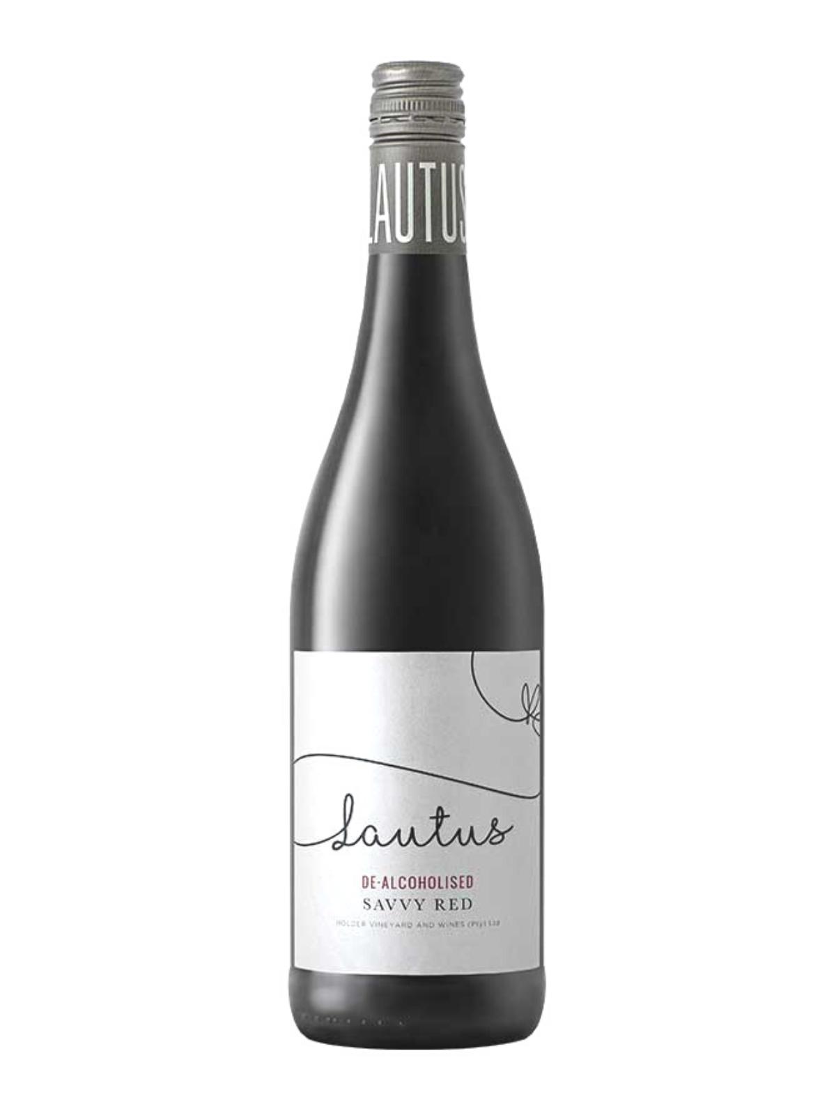 red wine bottle with a white label and the brand Lautus written in black across the front.
