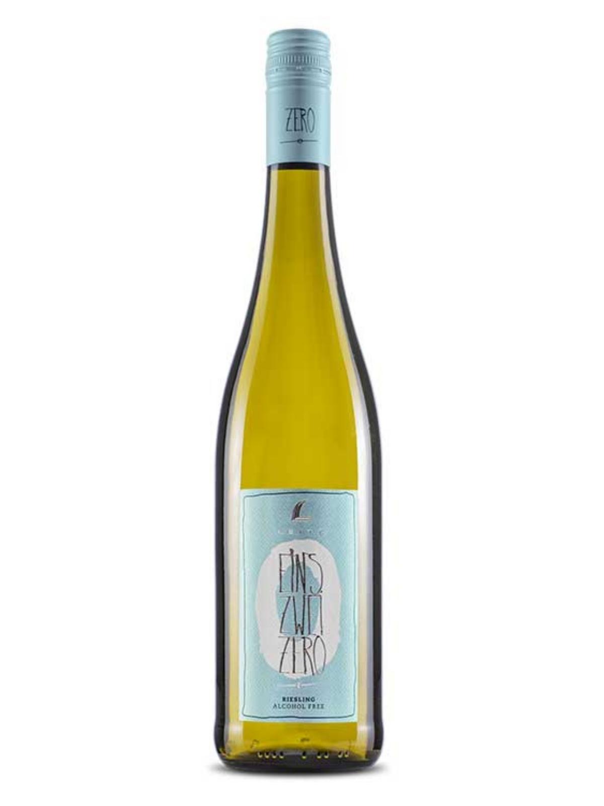green wine bottle with a light blue label and lid with the branding on the front.