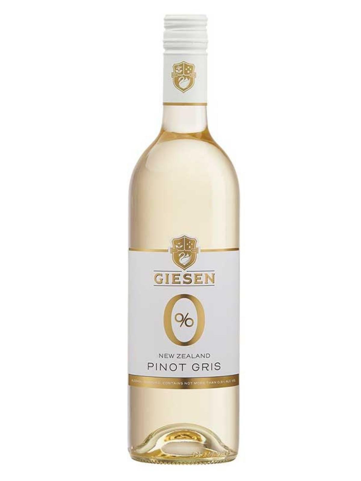 bottle of Giesen non-alcoholic Pinot Gris with a white label and gold wording on the label.