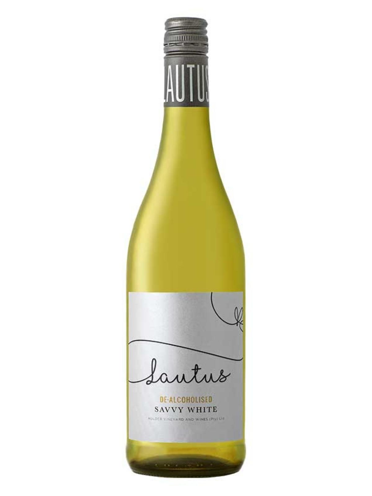 green wine bottle with a white label and the branding Lautus written across the front in gray.