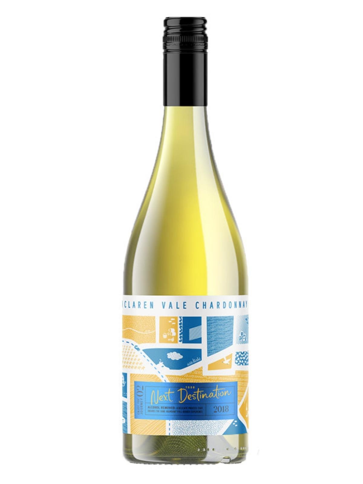 bottle of alcohol-free Next Destination chardonnay with a blue and yellow label and black lid.