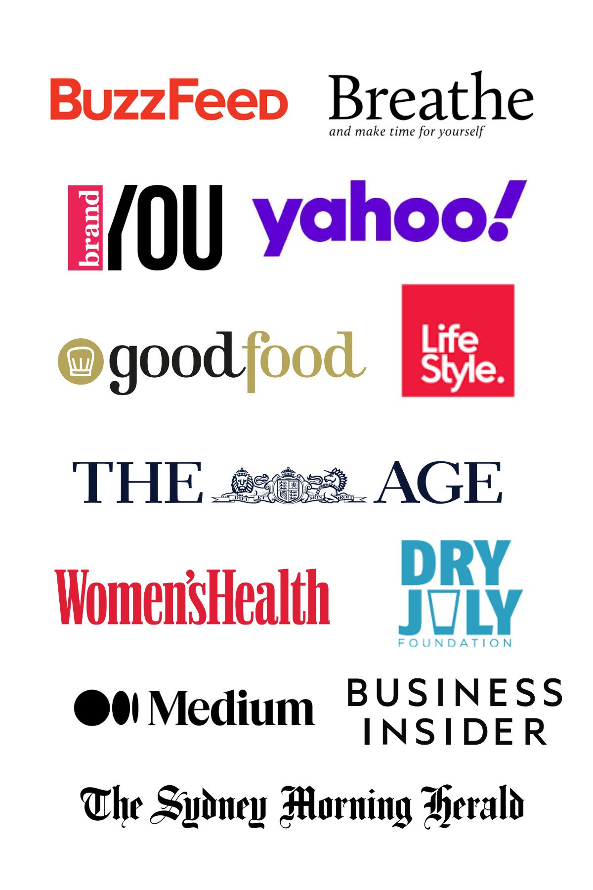 A logo summary of all publications including Yahoo GoodFood BuzzFedd The Age Womens Health Dry July Medium Business Insider