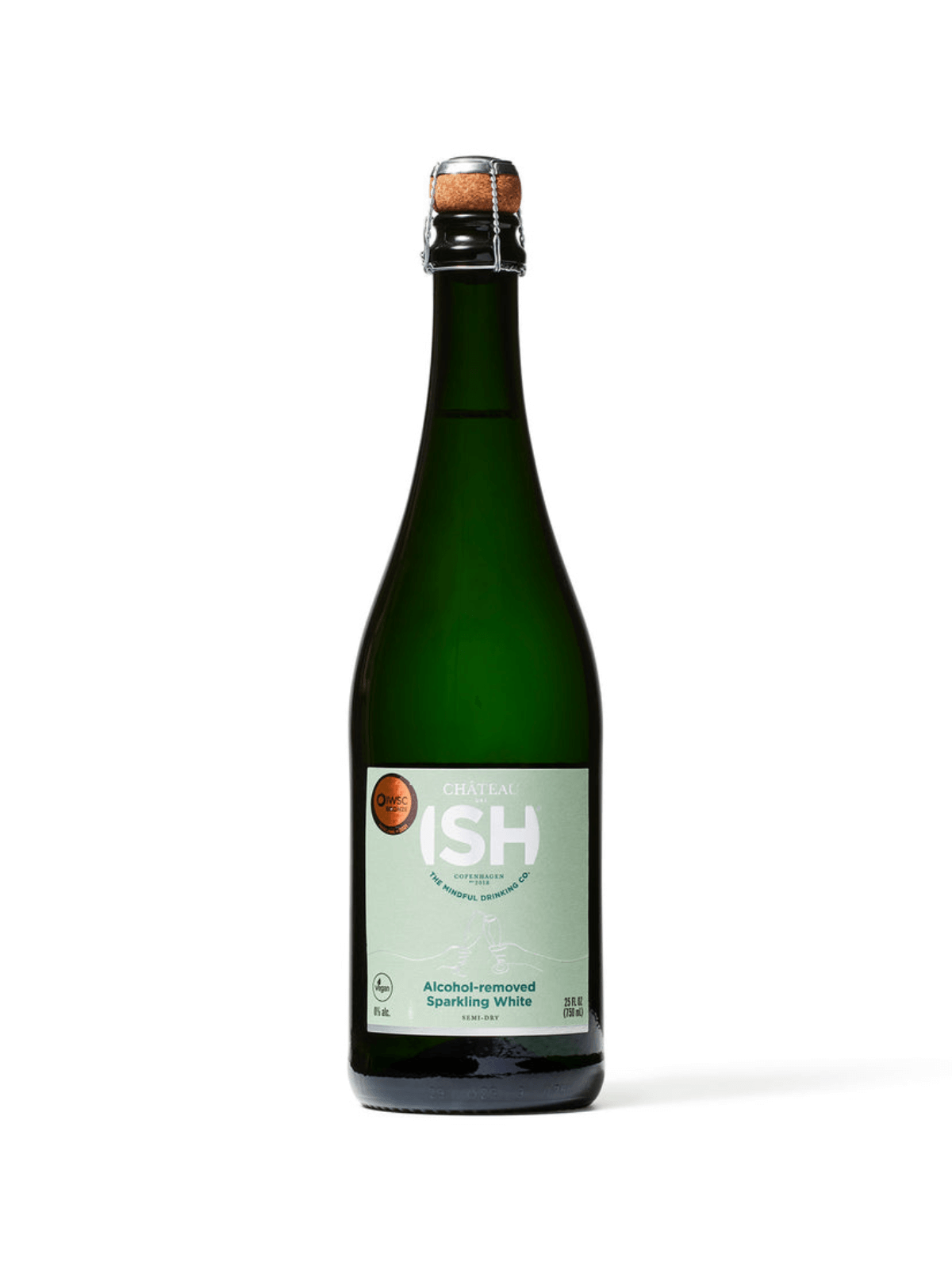 a product shot of a wine called ISH in a green bottle with a light green label and aqua writing.