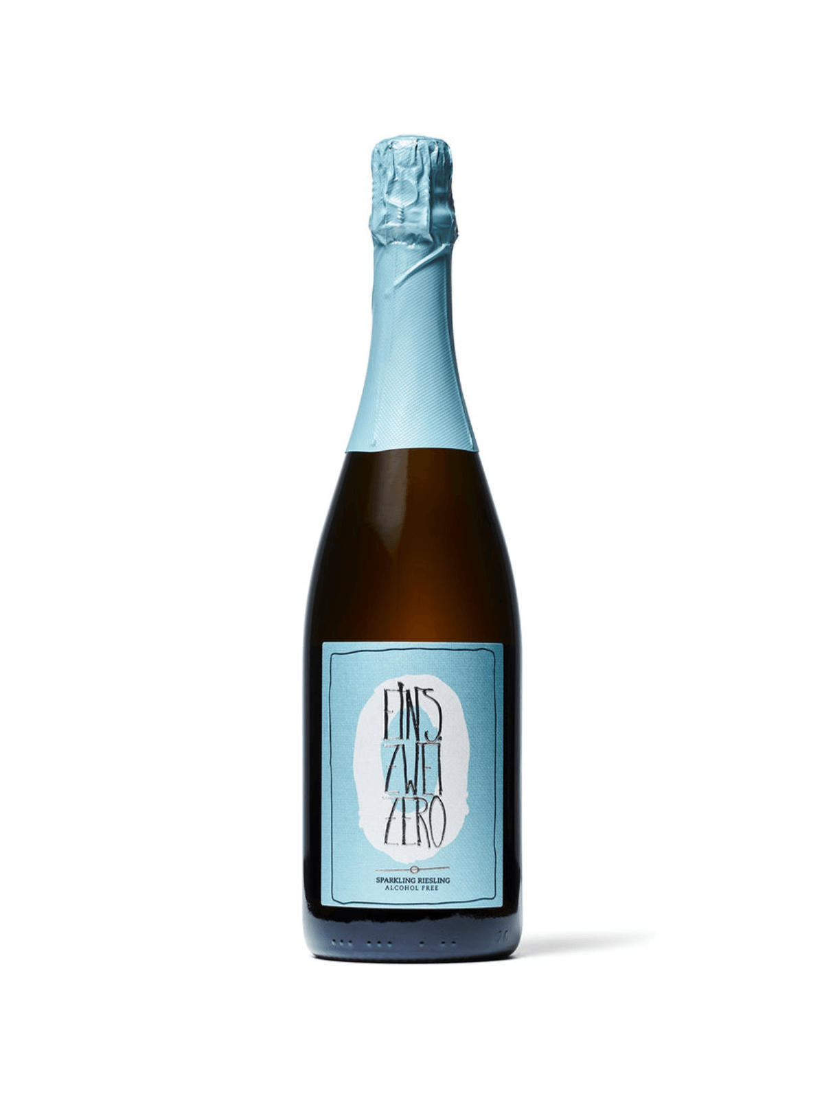 a sparkling wine bottle on a white background with a baby blue label and cork area with a white 0 and silver writing.